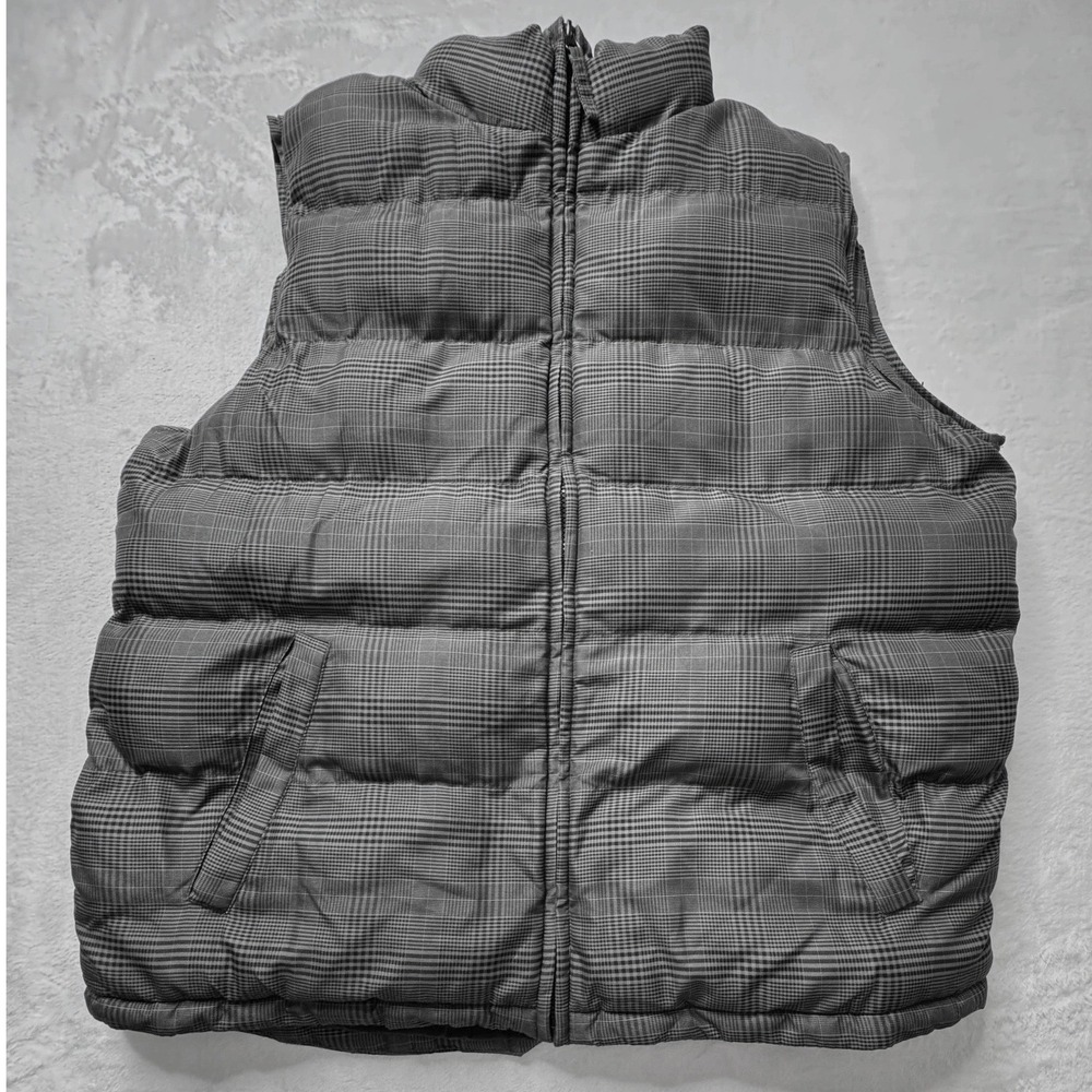 Weatherproof Mens L Grey Black Plaid Quilted Puffer Vest Full Zip Classic Preppy